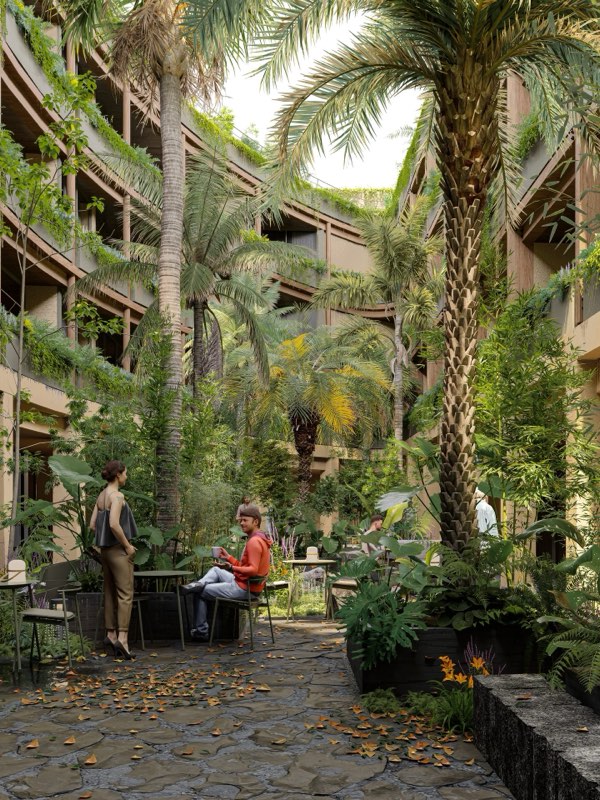 Patio central ajardinado de Residences Versalles, de SEDE Desarrollos