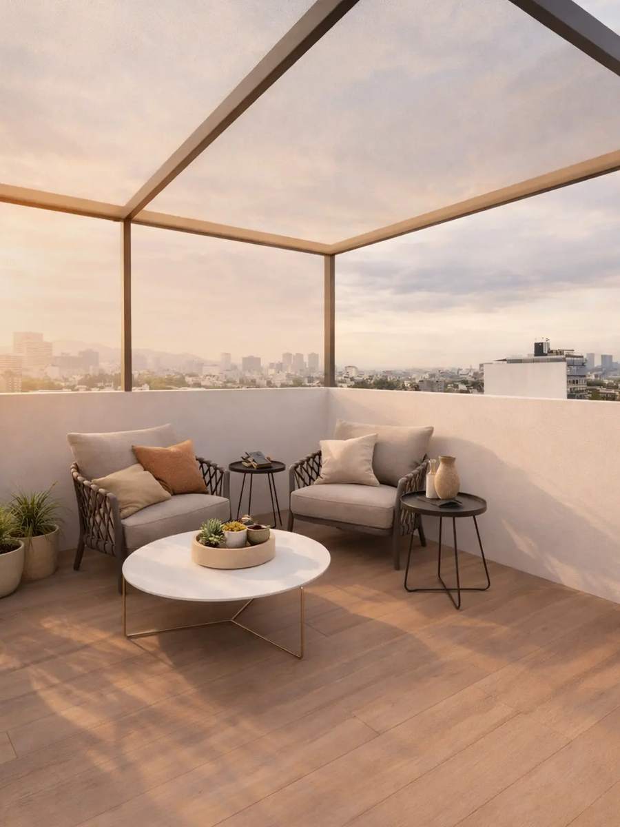 Roof garden de un edificio Nivara con vista a la ciudad al atardecer