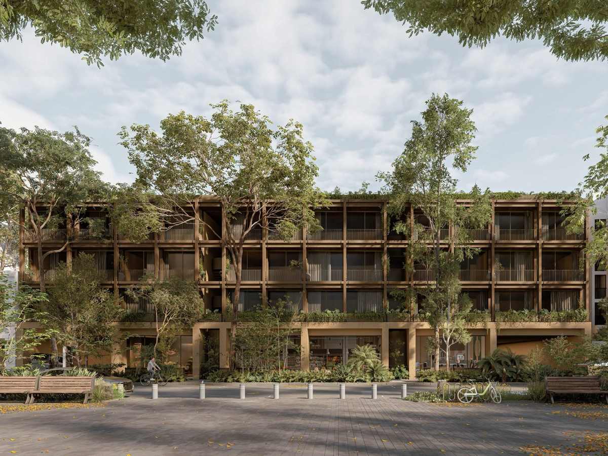 Fachada de madera de Residences Versalles entre árboles